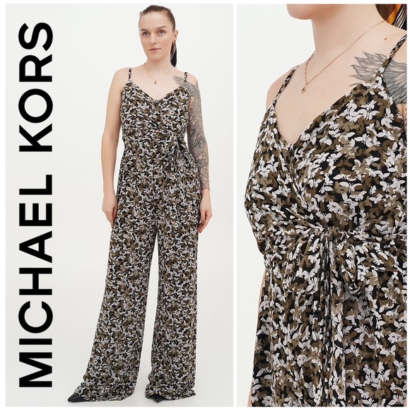 Michael Kors Lepidoptera Camo Butterfly Print Georgette Wrap Wide-Leg Jumpsuit